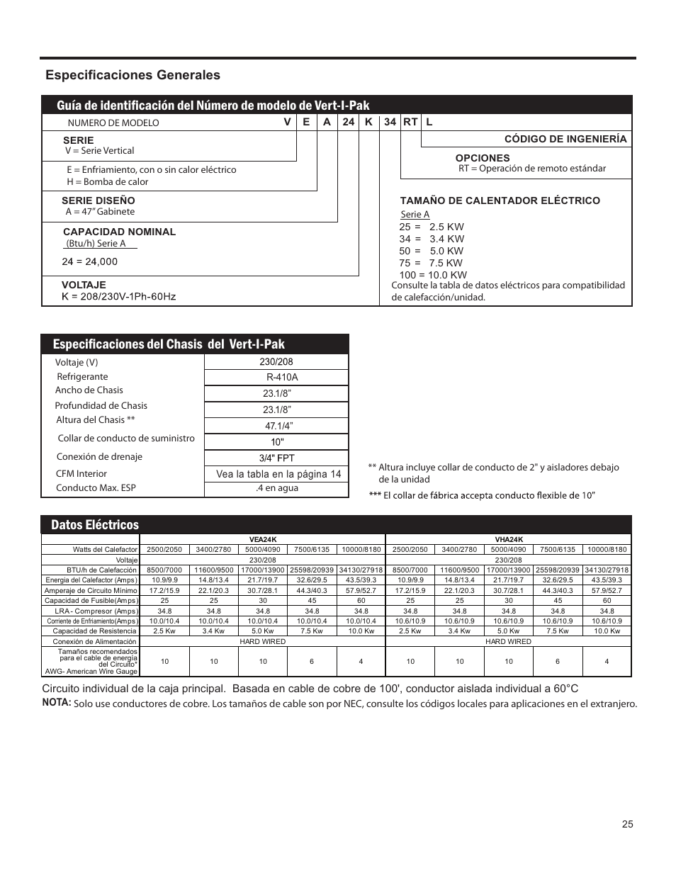 Especificaciones del chasis del vert-i-pak, Datos eléctricos, Especificaciones generales | Friedrich 24,000 BTU/h User Manual | Page 27 / 72