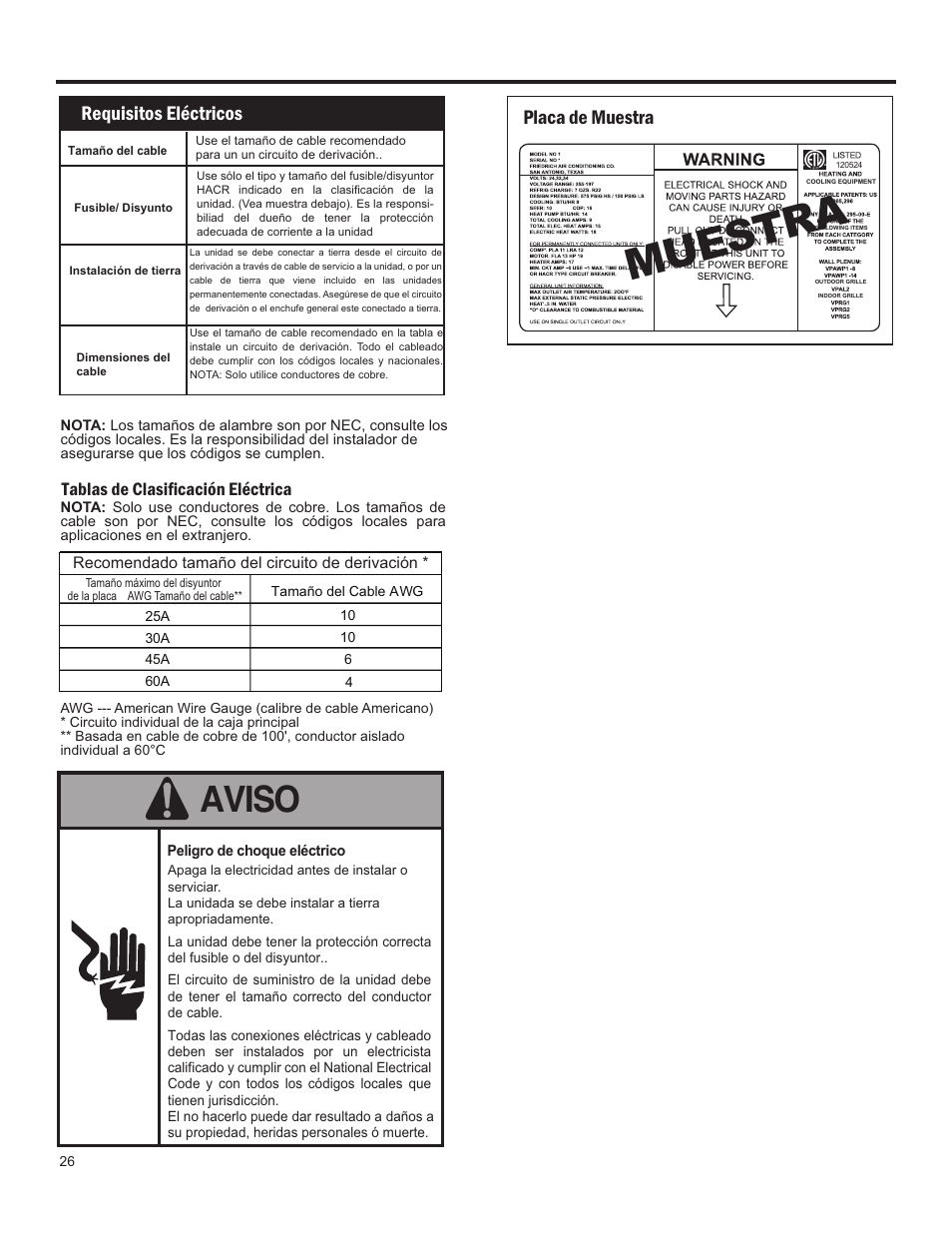 Mu est ra, Aviso, Electrical data | Requisitos eléctricos, Placa de muestra | Friedrich 24,000 BTU/h User Manual | Page 28 / 72