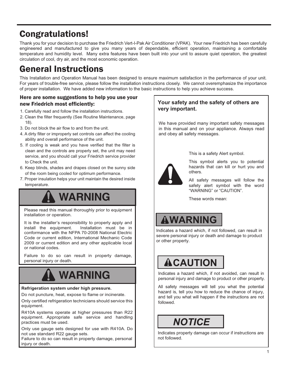 Warning, Caution notice warning | Friedrich 24,000 BTU/h User Manual | Page 3 / 72