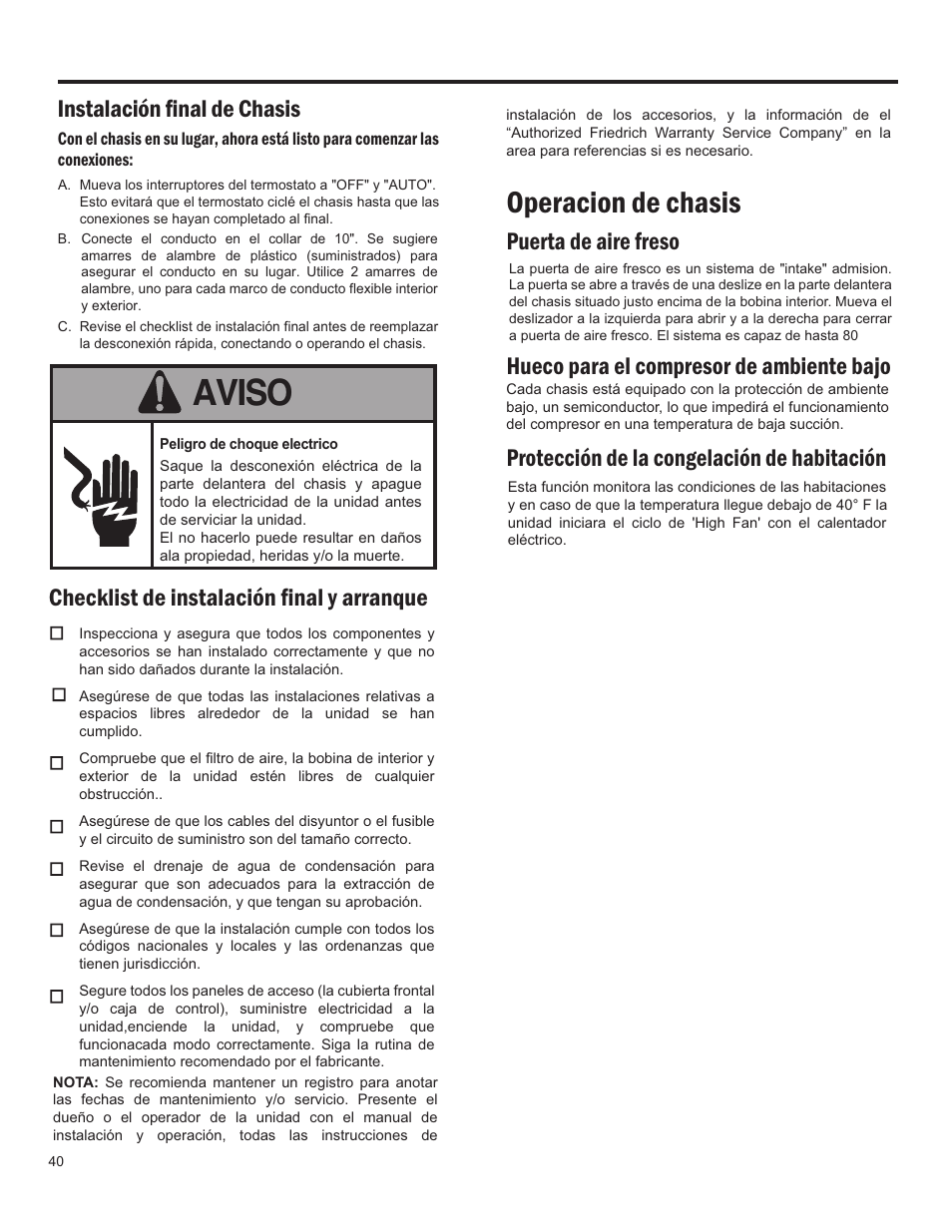 Aviso, Operacion de chasis, Instalación final de chasis | Checklist de instalación final y arranque | Friedrich 24,000 BTU/h User Manual | Page 42 / 72