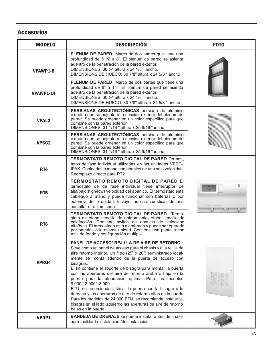 Accesorios | Friedrich 24,000 BTU/h User Manual | Page 45 / 72