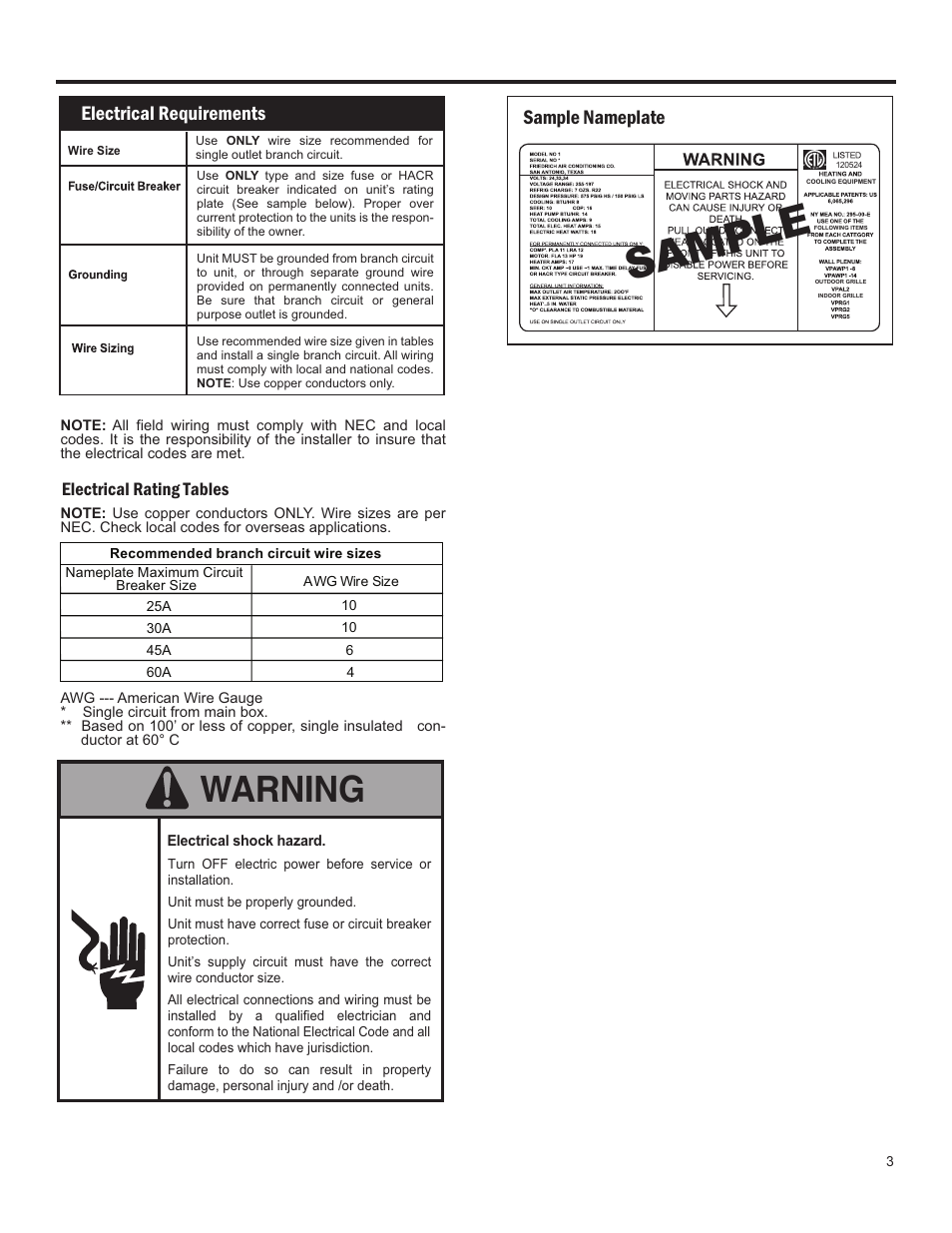 Sa mp le, Warning, Electrical data | Electrical requirements, Sample nameplate | Friedrich 24,000 BTU/h User Manual | Page 5 / 72