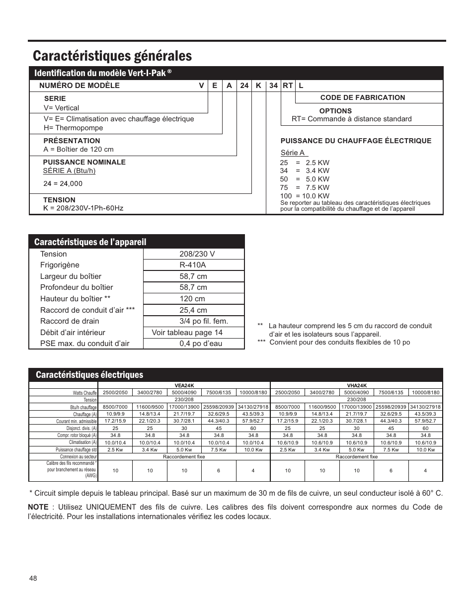 Caractéristiques générales, Identification du modèle vert-i-pak | Friedrich 24,000 BTU/h User Manual | Page 50 / 72