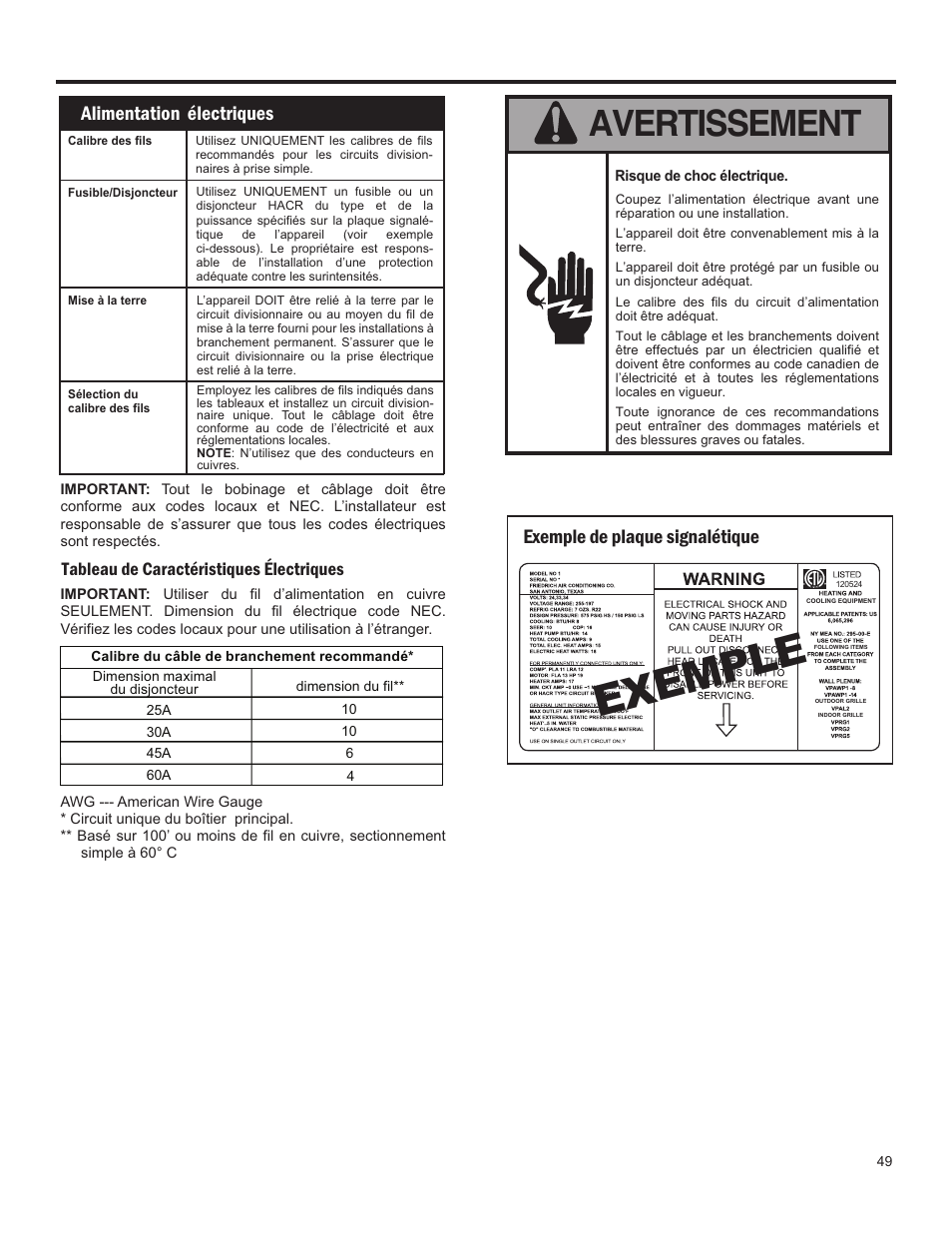 Exe mp le, Avertissement, Alimentation électriques | Exemple de plaque signalétique | Friedrich 24,000 BTU/h User Manual | Page 51 / 72