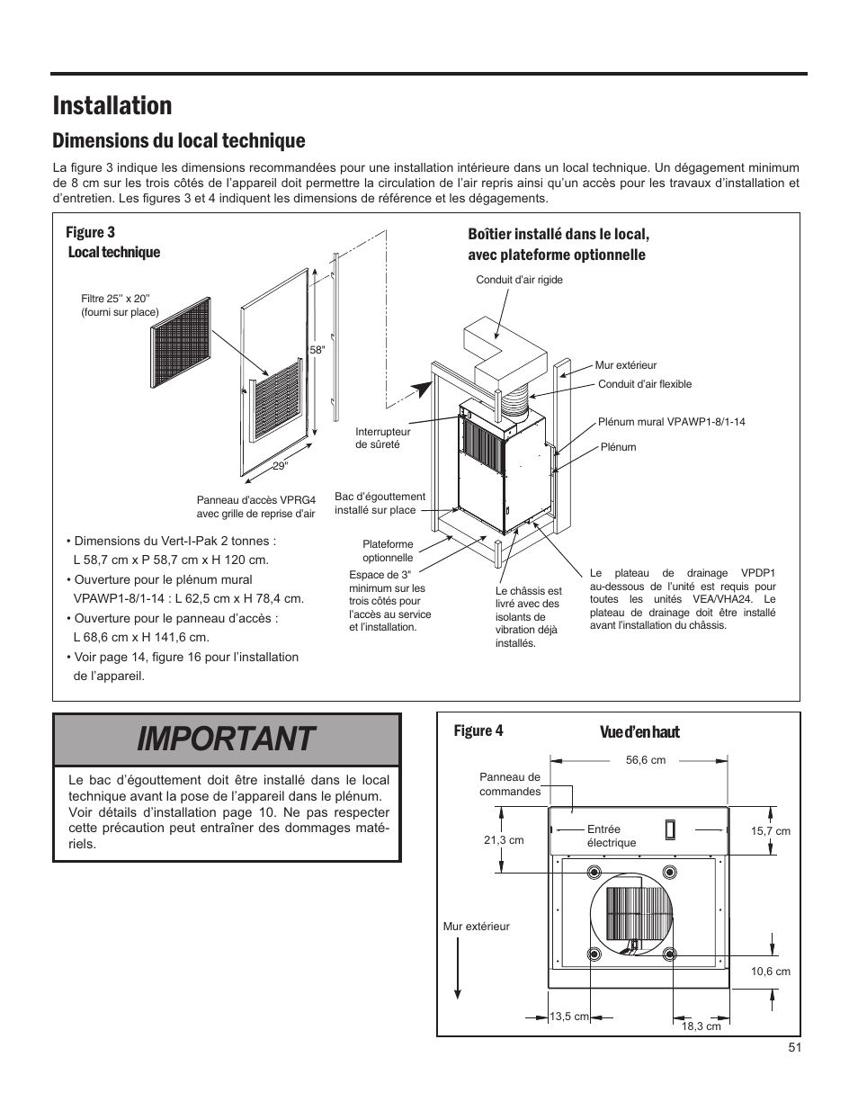 Important, Installation, Dimensions du local technique | Vue d’en haut | Friedrich 24,000 BTU/h User Manual | Page 53 / 72