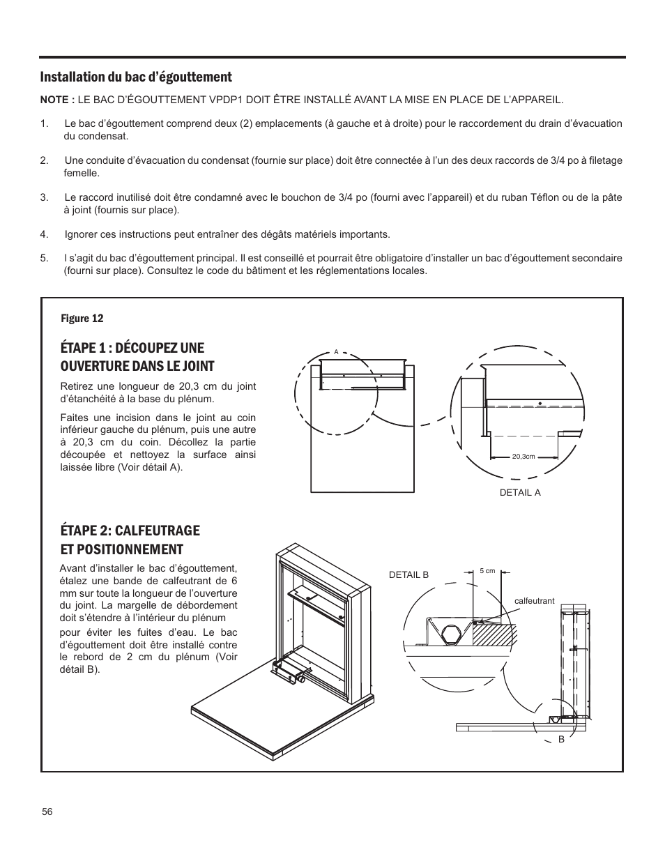 Installation du bac d’égouttement | Friedrich 24,000 BTU/h User Manual | Page 58 / 72