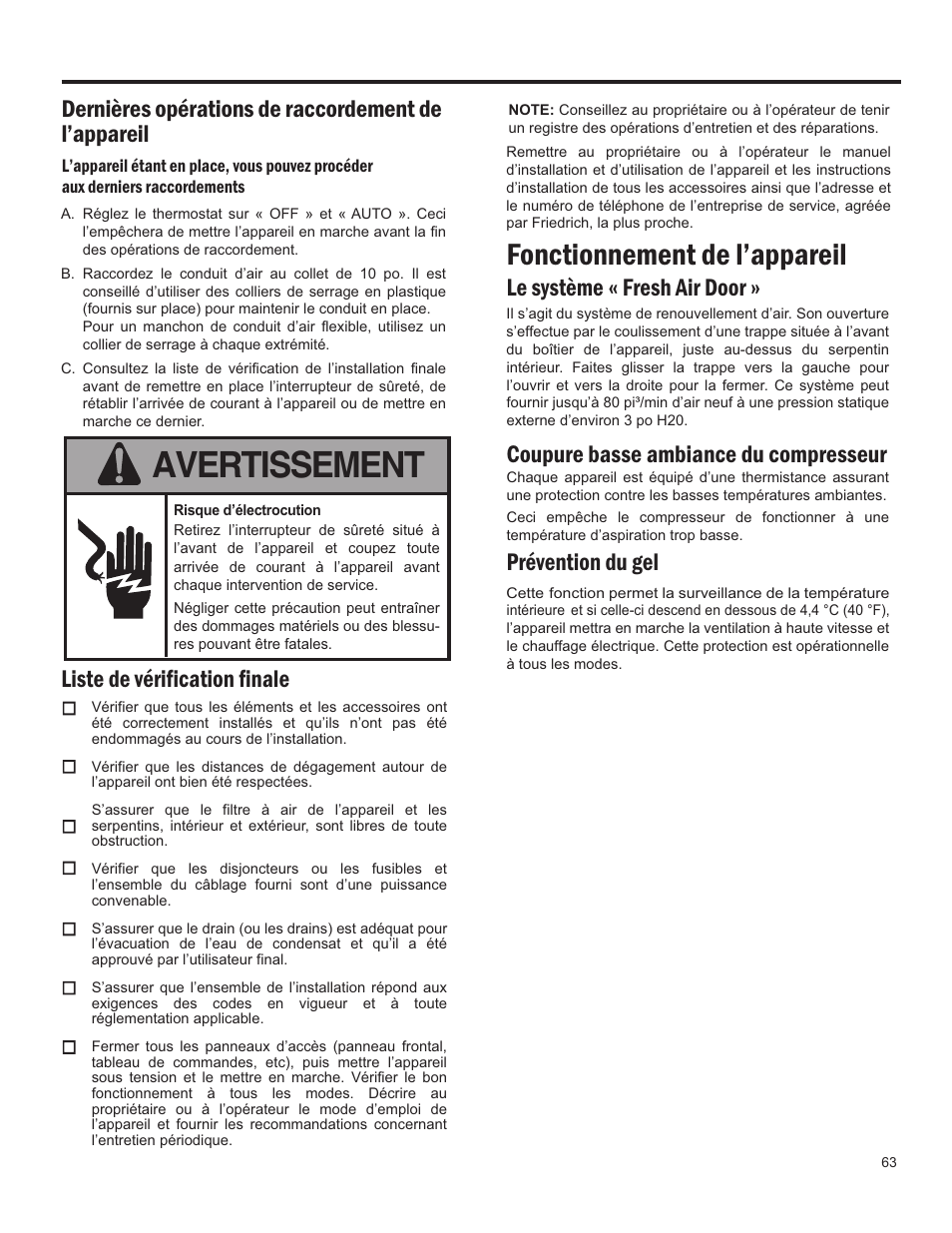 Avertissement, Fonctionnement de l’appareil, Dernières opérations de raccordement de l’appareil | Liste de vérification finale | Friedrich 24,000 BTU/h User Manual | Page 65 / 72