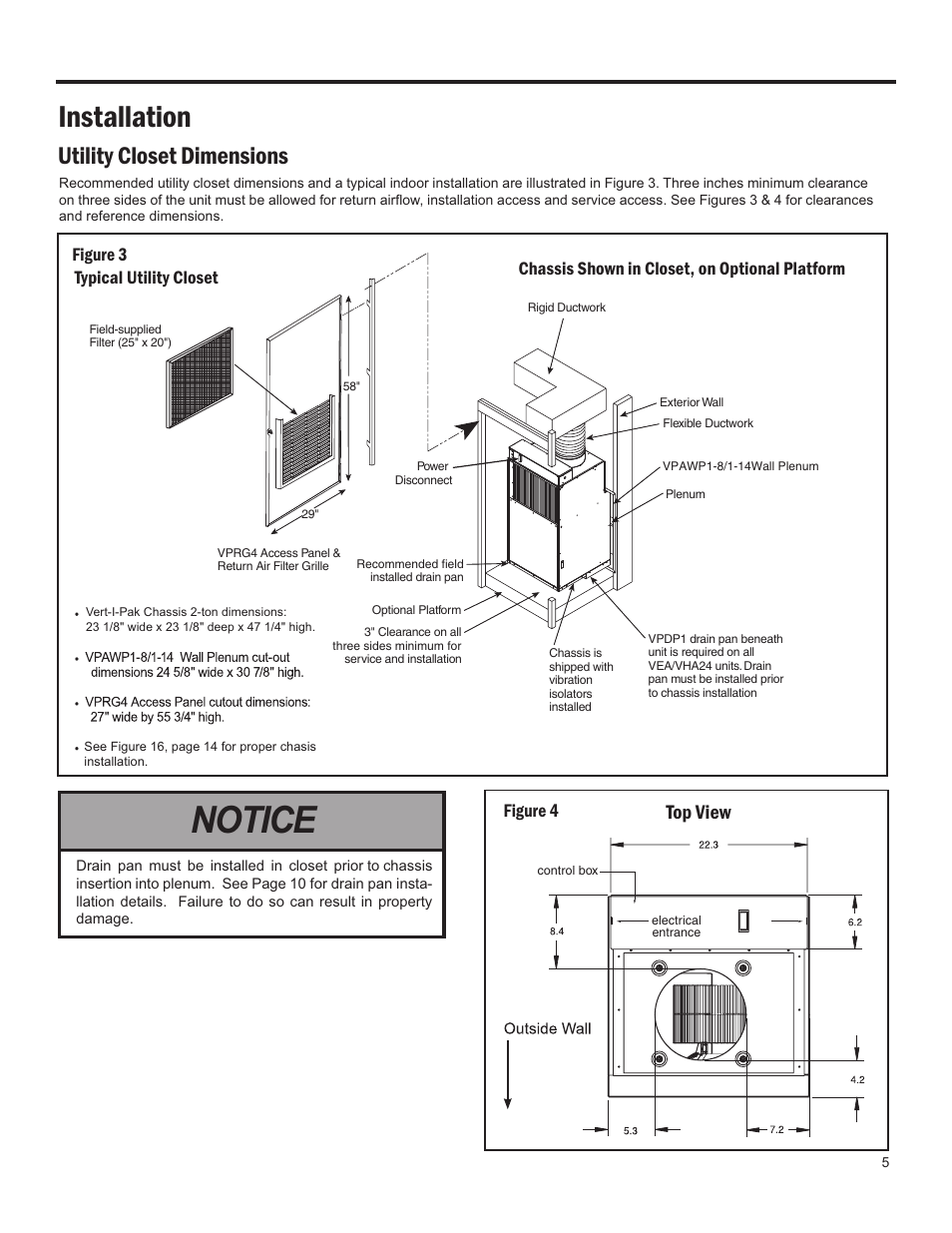 Notice, Installation, Utility closet dimensions | Top view | Friedrich 24,000 BTU/h User Manual | Page 7 / 72