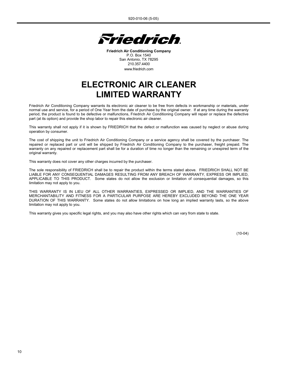 Electronic air cleaner limited warranty | Friedrich C-90B User Manual | Page 10 / 32