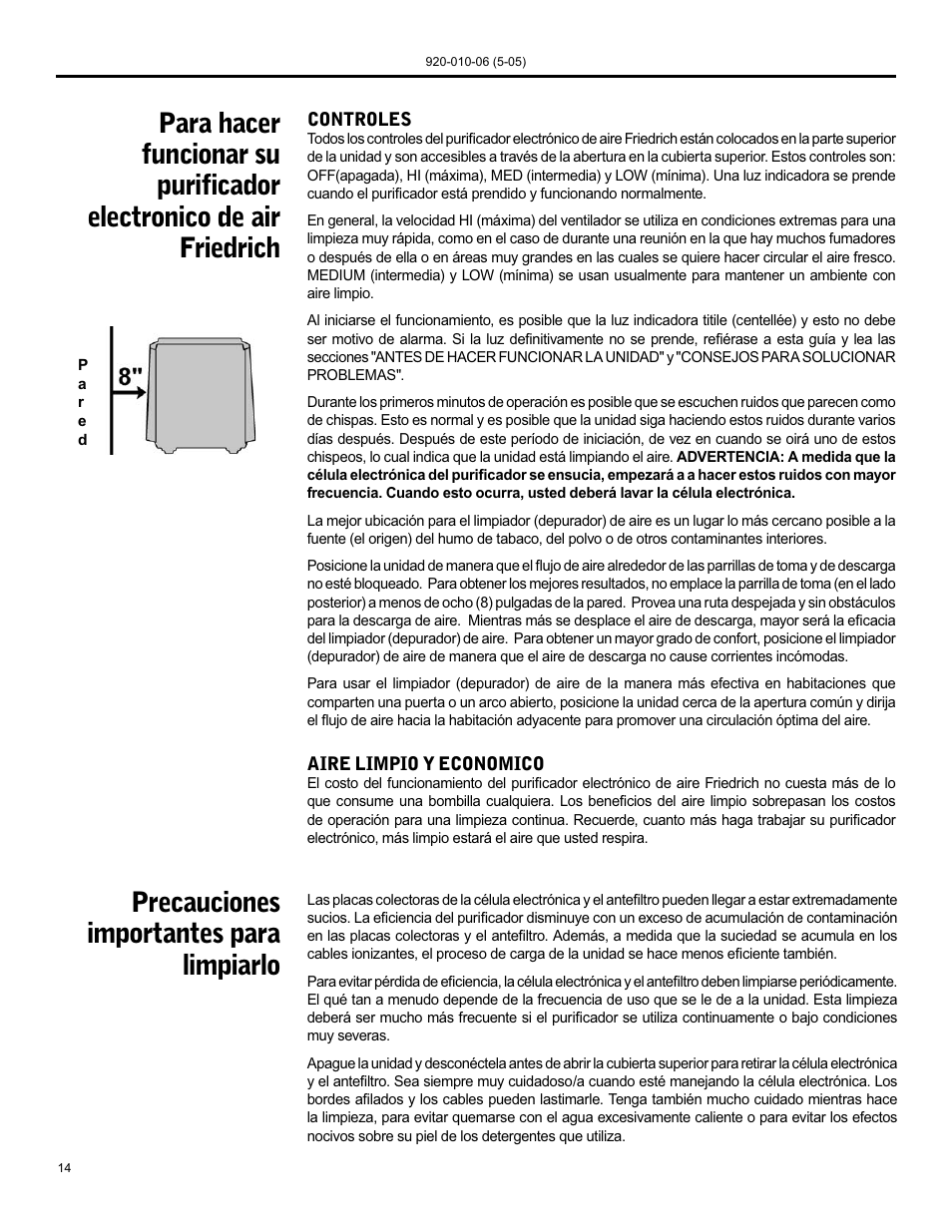 Precauciones importantes para limpiarlo | Friedrich C-90B User Manual | Page 14 / 32