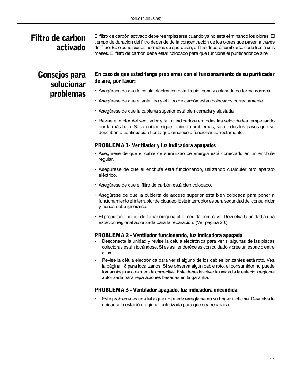 Filtro de carbon activado, Consejos para solucionar problemas | Friedrich C-90B User Manual | Page 17 / 32