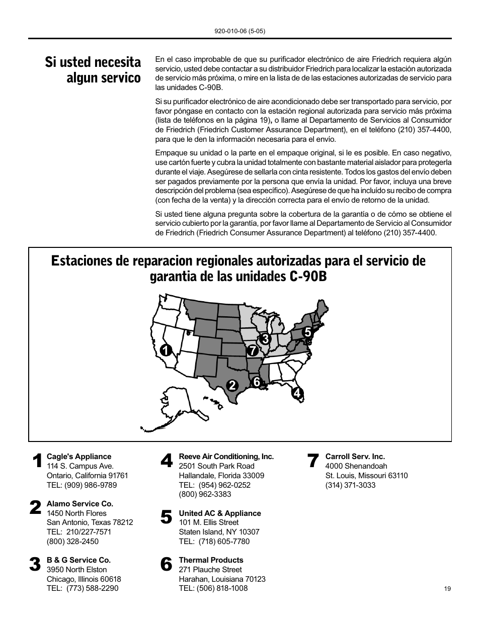 Si usted necesita algun servico | Friedrich C-90B User Manual | Page 19 / 32