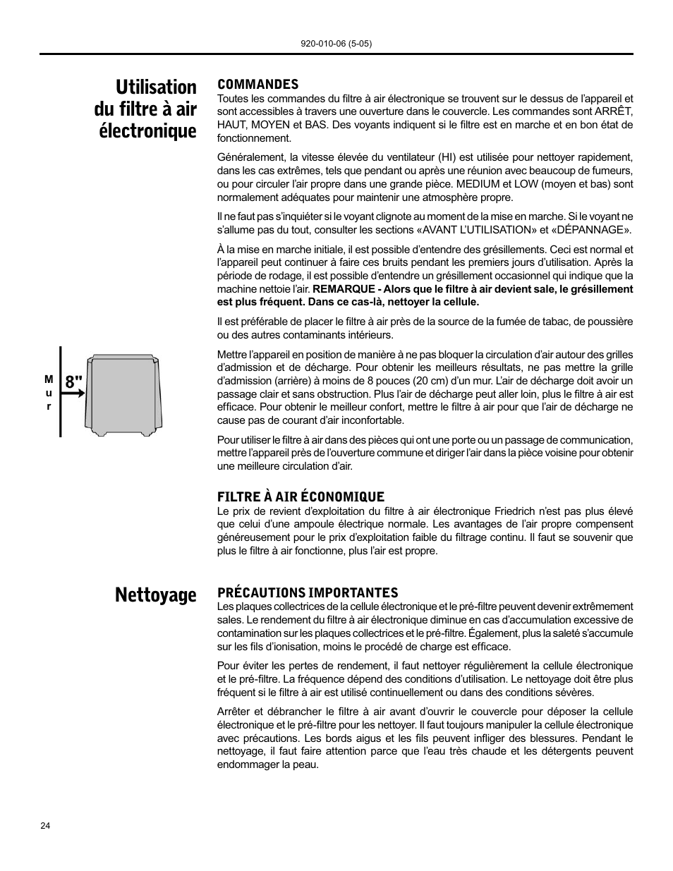 Utilisation du filtre à air électronique nettoyage | Friedrich C-90B User Manual | Page 24 / 32