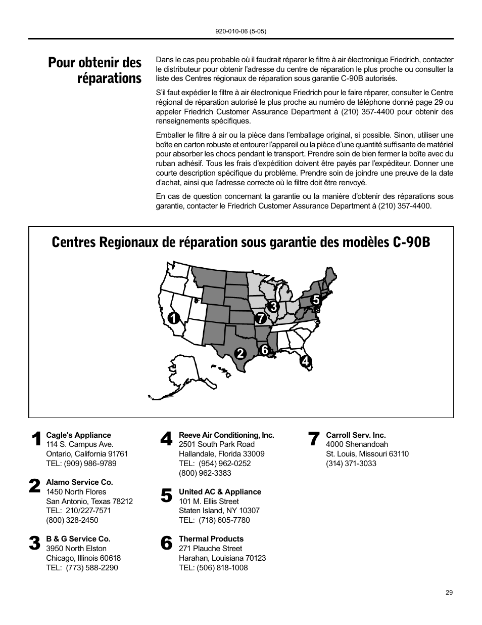 Pour obtenir des réparations | Friedrich C-90B User Manual | Page 29 / 32