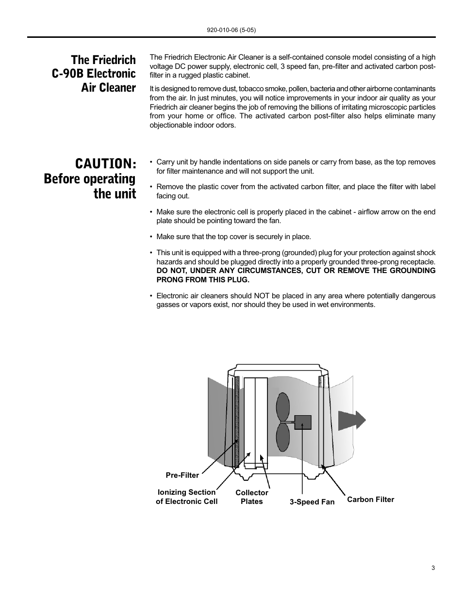 Caution: before operating the unit, The friedrich c-90b electronic air cleaner | Friedrich C-90B User Manual | Page 3 / 32