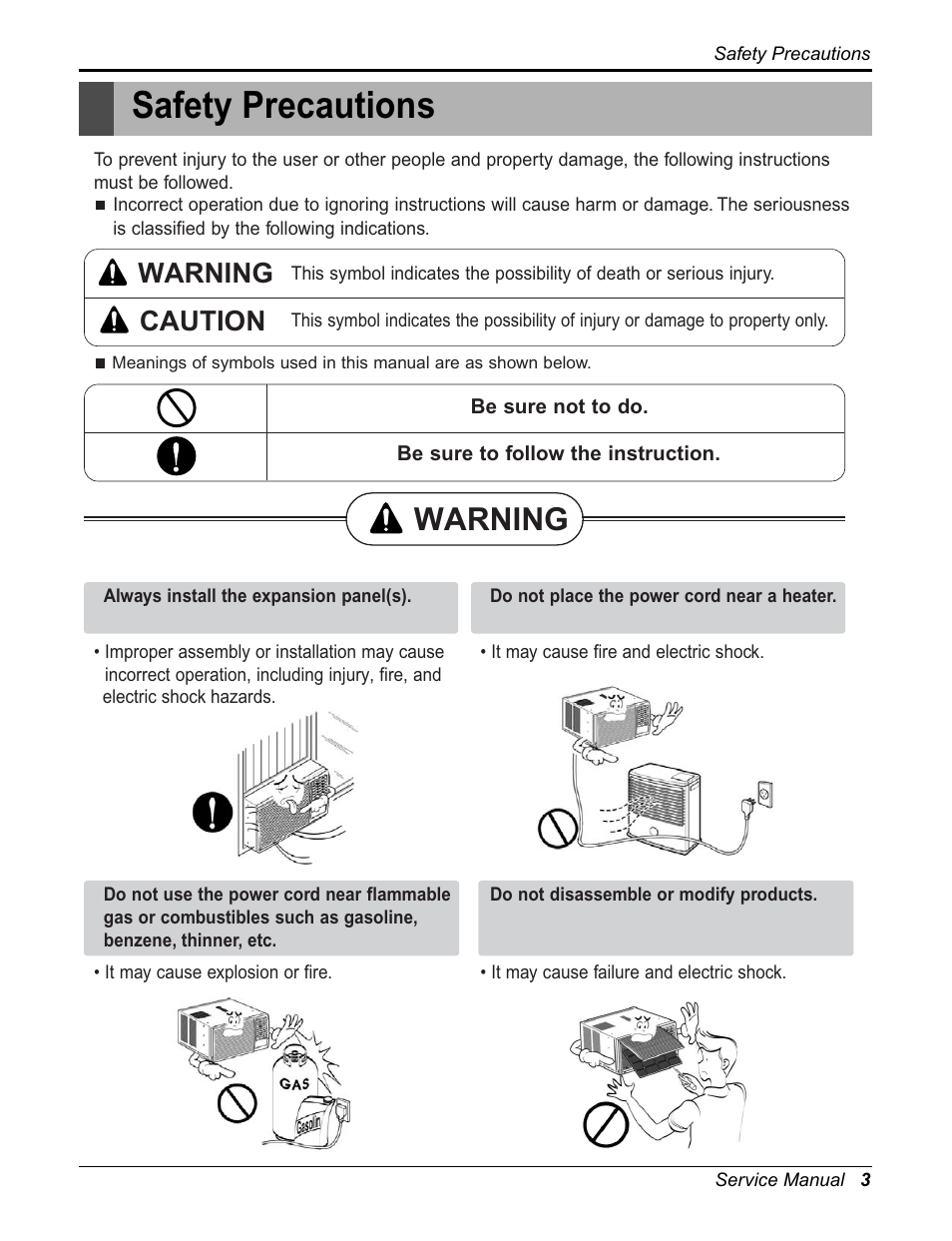 Safety precautions, Warning, Warning caution | Friedrich CP06F10 User Manual | Page 3 / 29