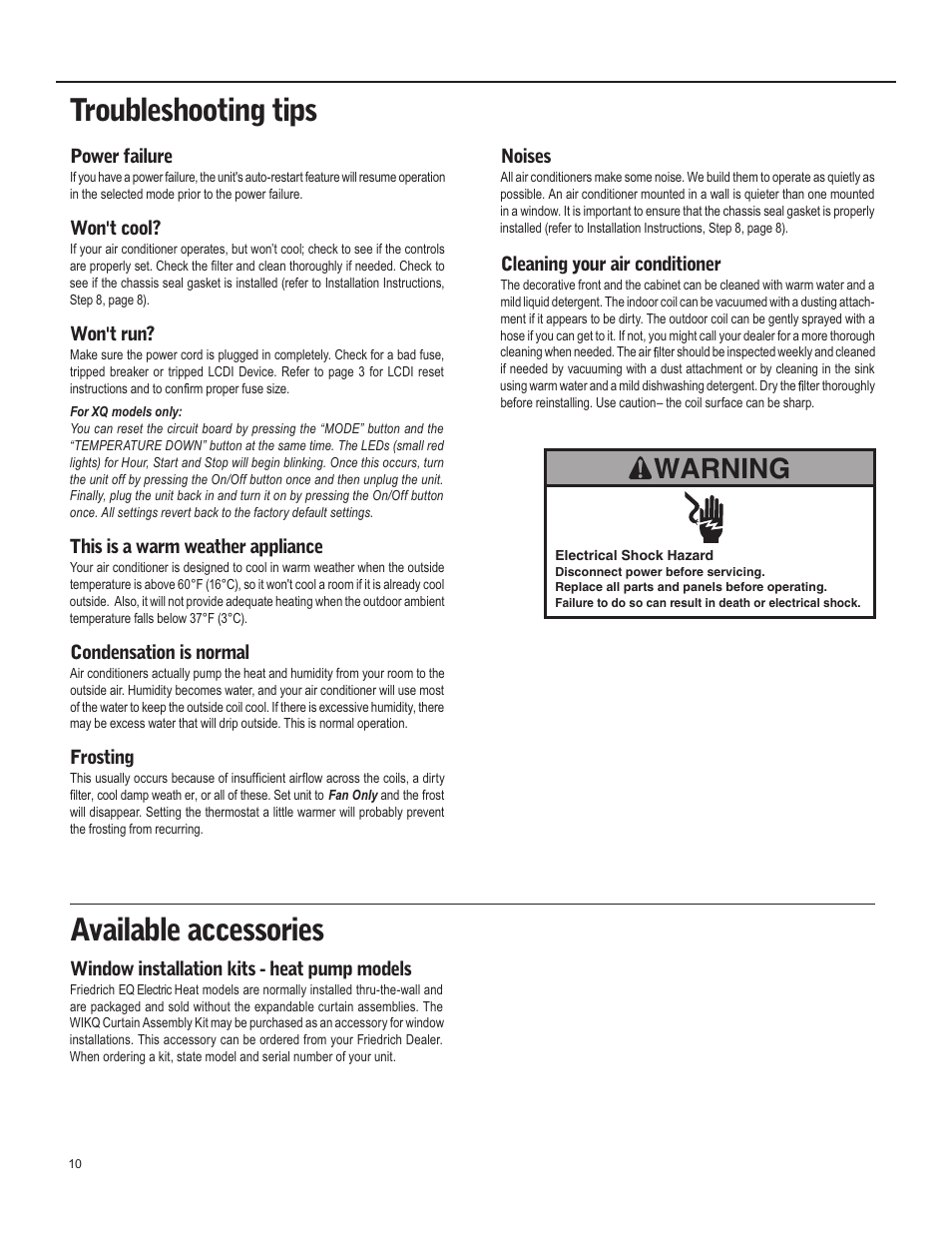 Troubleshooting tips, Available accessories, Warning | Friedrich X Star  EQ08 User Manual | Page 12 / 44