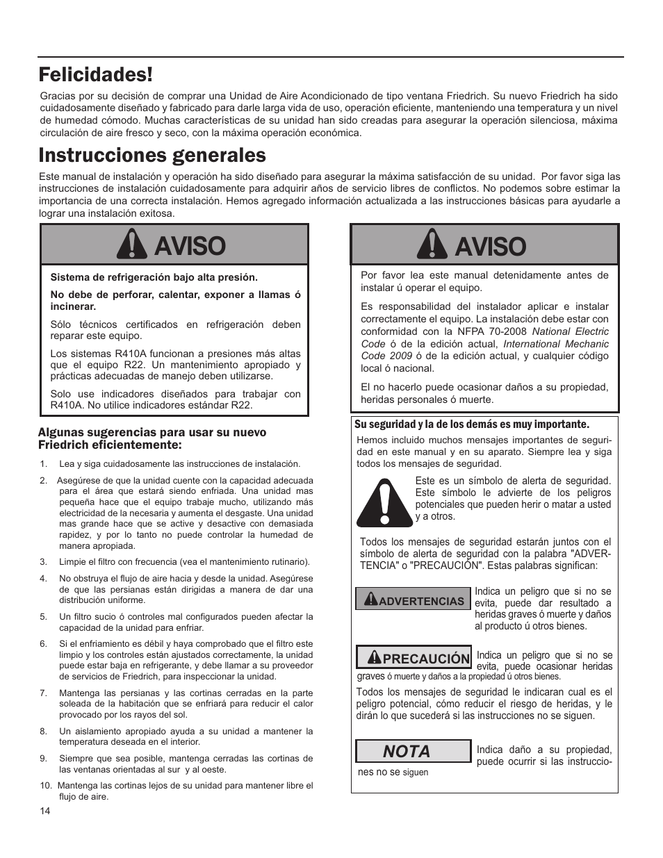 Aviso, Felicidades! instrucciones generales, Nota | Friedrich X Star  EQ08 User Manual | Page 16 / 44