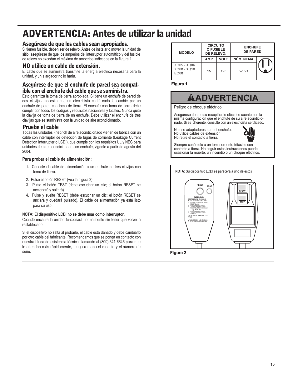 Advertencia: antes de utilizar la unidad, Advertencia, Asegúrese de que los cables sean apropiados | No utilice un cable de extensión, Pruebe el cable | Friedrich X Star  EQ08 User Manual | Page 17 / 44