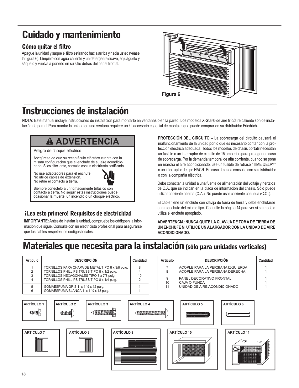 Cuidado y mantenimiento, Instrucciones de instalación, Materiales que necesita para la instalación | Advertencia, Sólo para unidades verticales), Cómo quitar el filtro, Lea esto primero! requisitos de electricidad | Friedrich X Star  EQ08 User Manual | Page 20 / 44