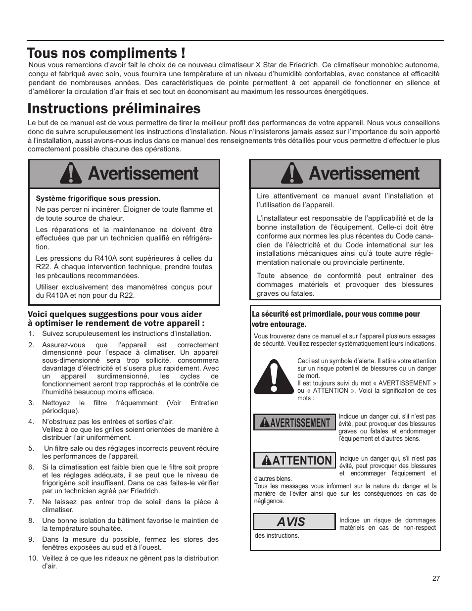 Avertissement, Tous nos compliments ! instructions préliminaires, Attention | Avis | Friedrich X Star  EQ08 User Manual | Page 29 / 44