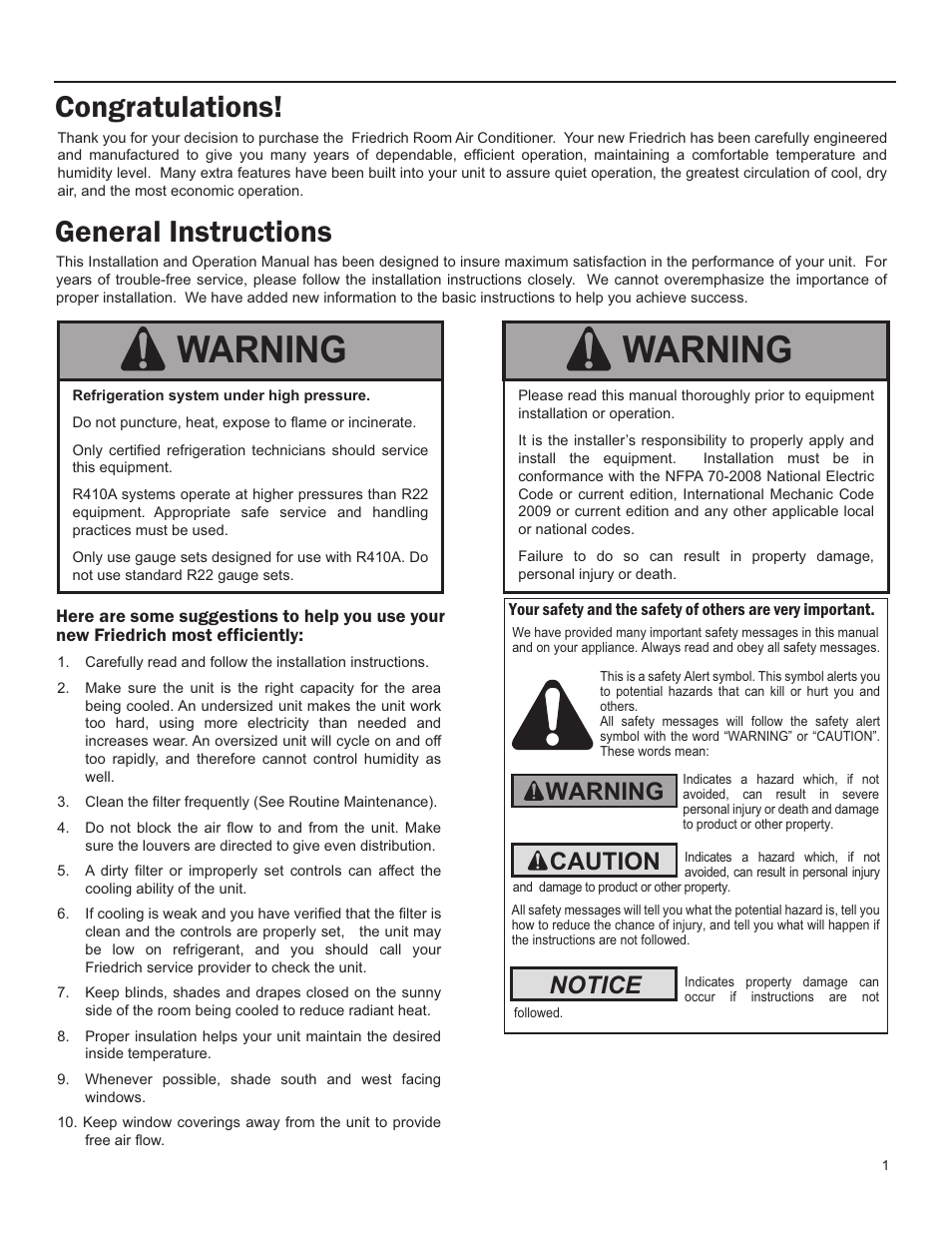 Warning, Caution, Notice | Friedrich X Star  EQ08 User Manual | Page 3 / 44