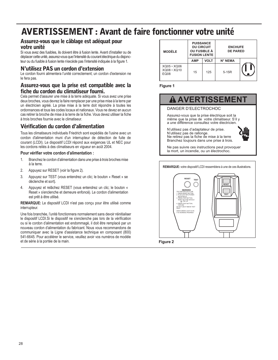 Avertissement, N’utilisez pas un cordon d’extension, Vérification du cordon d’alimentation | Friedrich X Star  EQ08 User Manual | Page 30 / 44