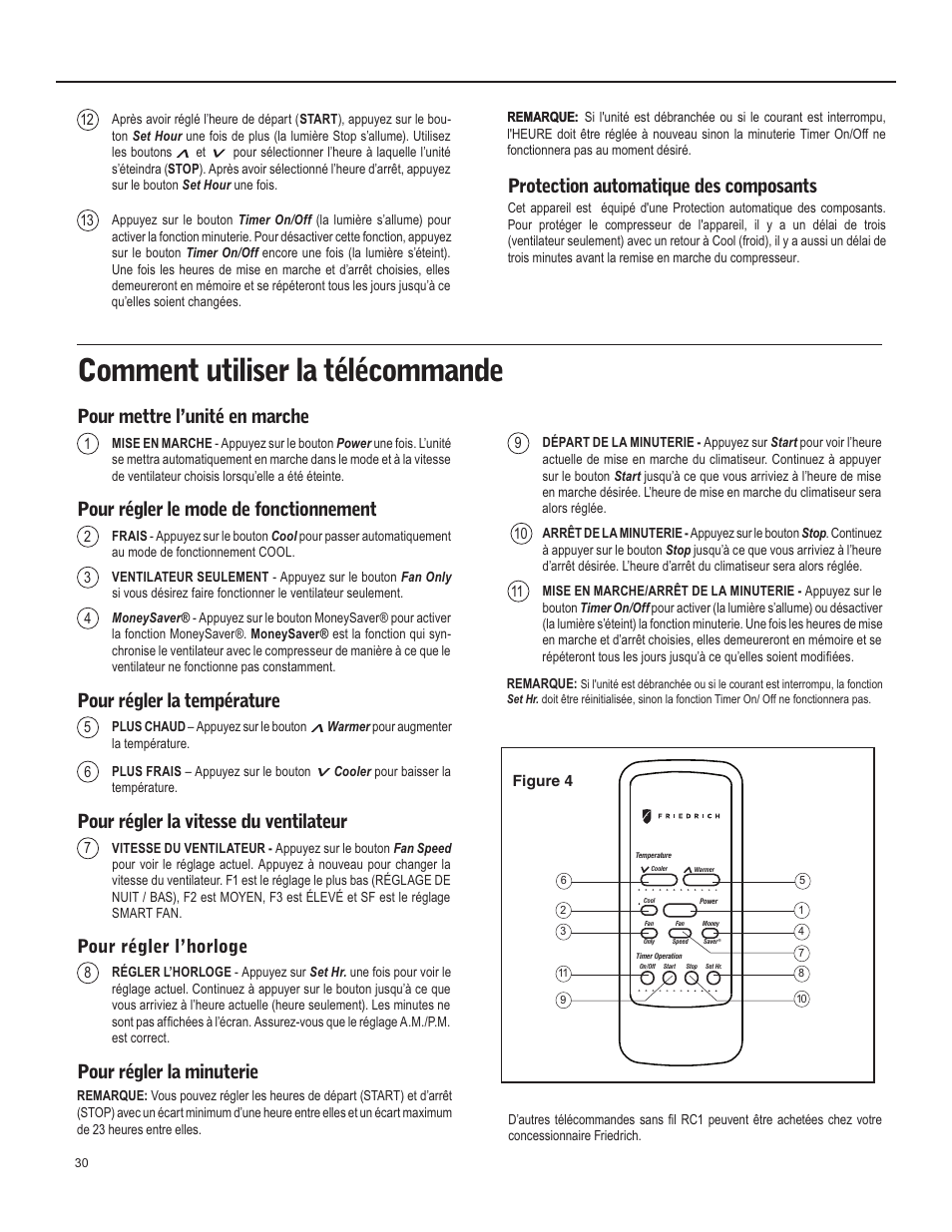 Comment utiliser la télécommande, Protection automatique des composants, Pour mettre l’unité en marche | Pour régler le mode de fonctionnement, Pour régler la température, Pour régler la vitesse du ventilateur, Pour régler la minuterie, Pour régler l’horloge | Friedrich X Star  EQ08 User Manual | Page 32 / 44