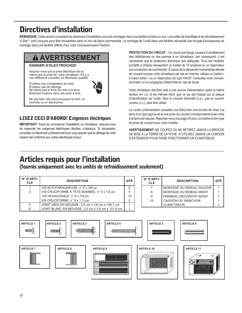 Directives d’installation, Articles requis pour l’installation, Avertissement | Lisez ceci d’abord! exigences électriques | Friedrich X Star  EQ08 User Manual | Page 34 / 44