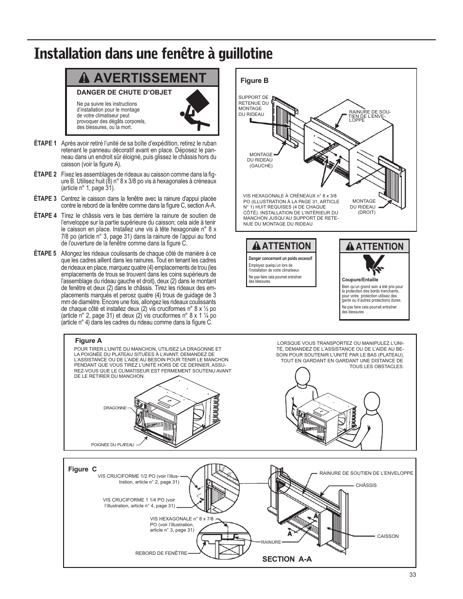 Installation dans une fenêtre à guillotine, Avertissement, Attention | Friedrich X Star  EQ08 User Manual | Page 35 / 44