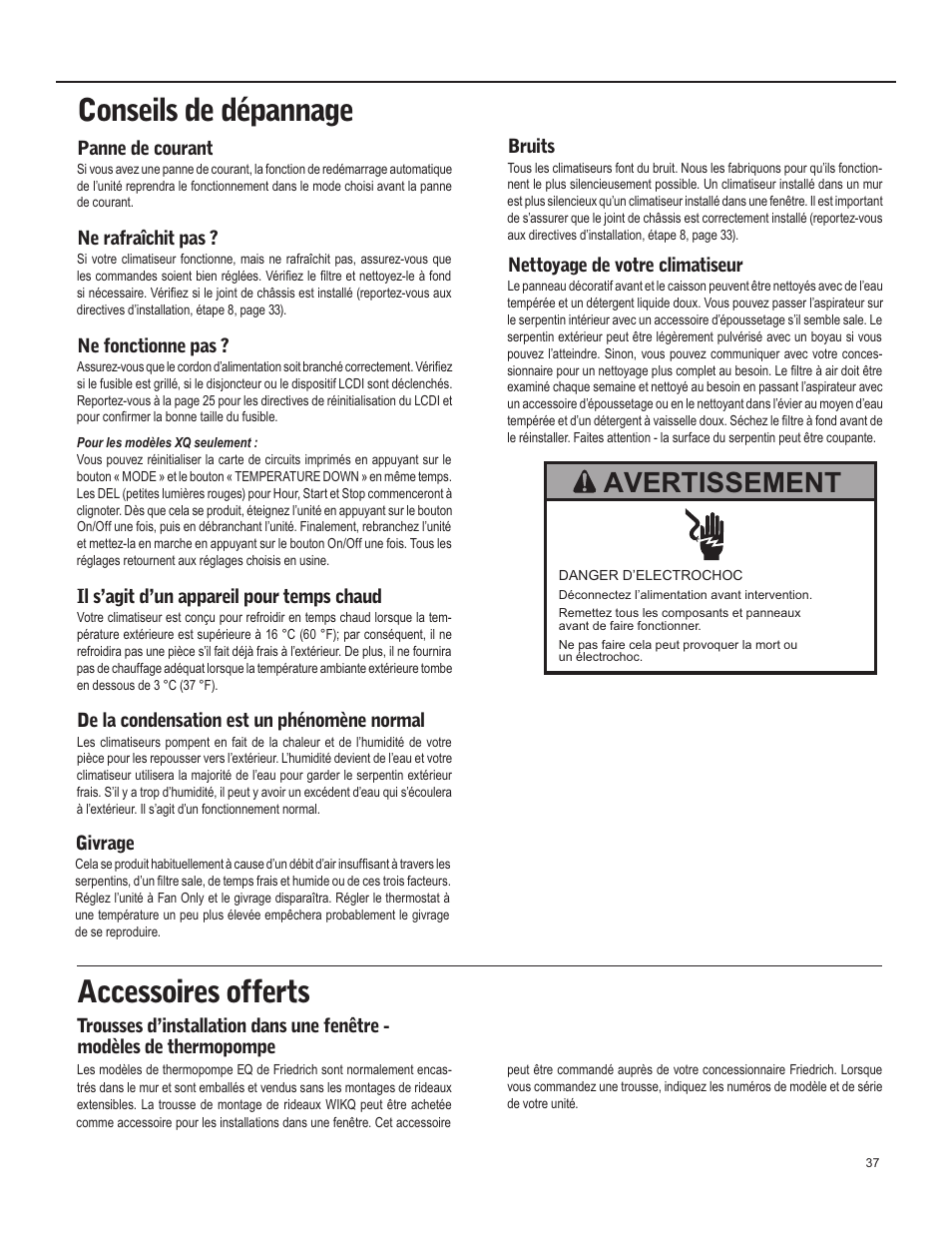Conseils de dépannage, Accessoires offerts, Avertissement | Friedrich X Star  EQ08 User Manual | Page 39 / 44