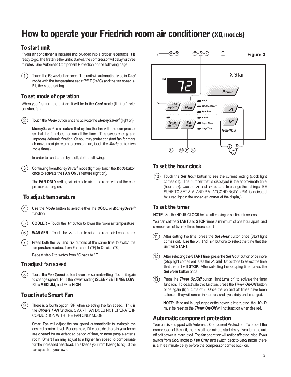 How to operate your friedrich room air conditioner, Xq models), Automatic component protection | X star | Friedrich X Star  EQ08 User Manual | Page 5 / 44