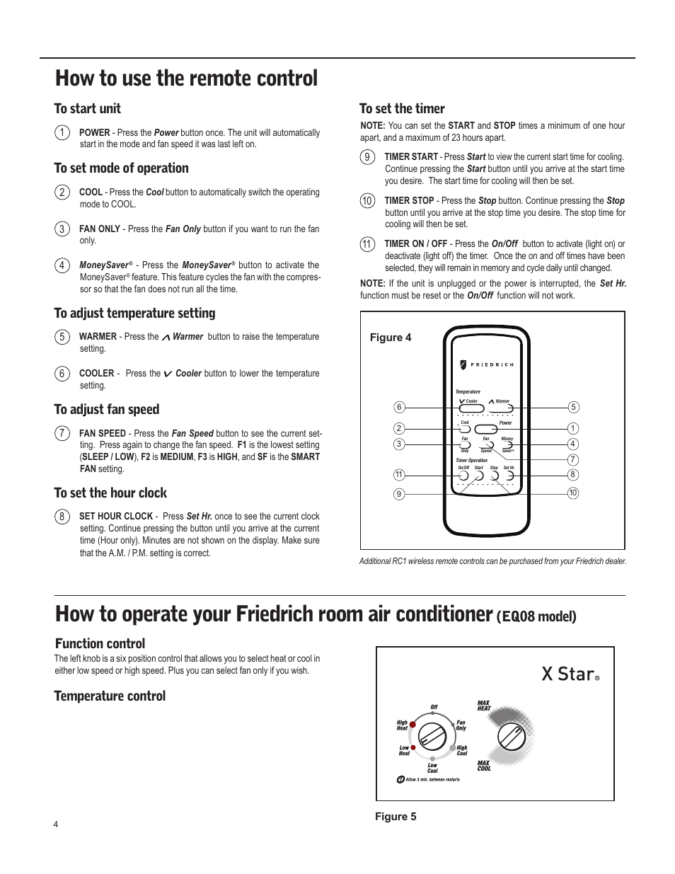 How to use the remote control, How to operate your friedrich room air conditioner, Eq08 model) | Function control, Temperature control | Friedrich X Star  EQ08 User Manual | Page 6 / 44
