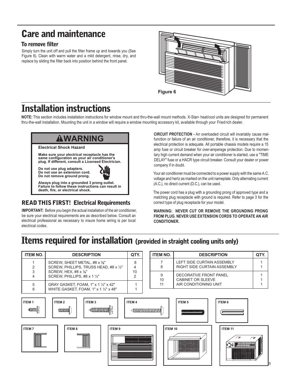 Care and maintenance, Items required for installation, Installation instructions | Warning, Provided in straight cooling units only), Read this first! electrical requirements | Friedrich X Star  EQ08 User Manual | Page 7 / 44