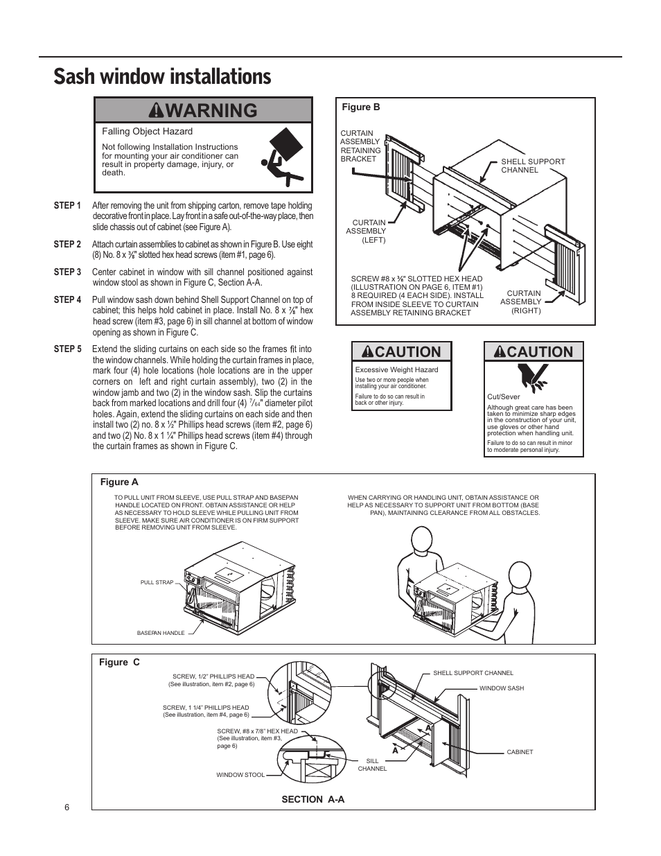 Sash window installations, Warning, Caution | Friedrich X Star  EQ08 User Manual | Page 8 / 44