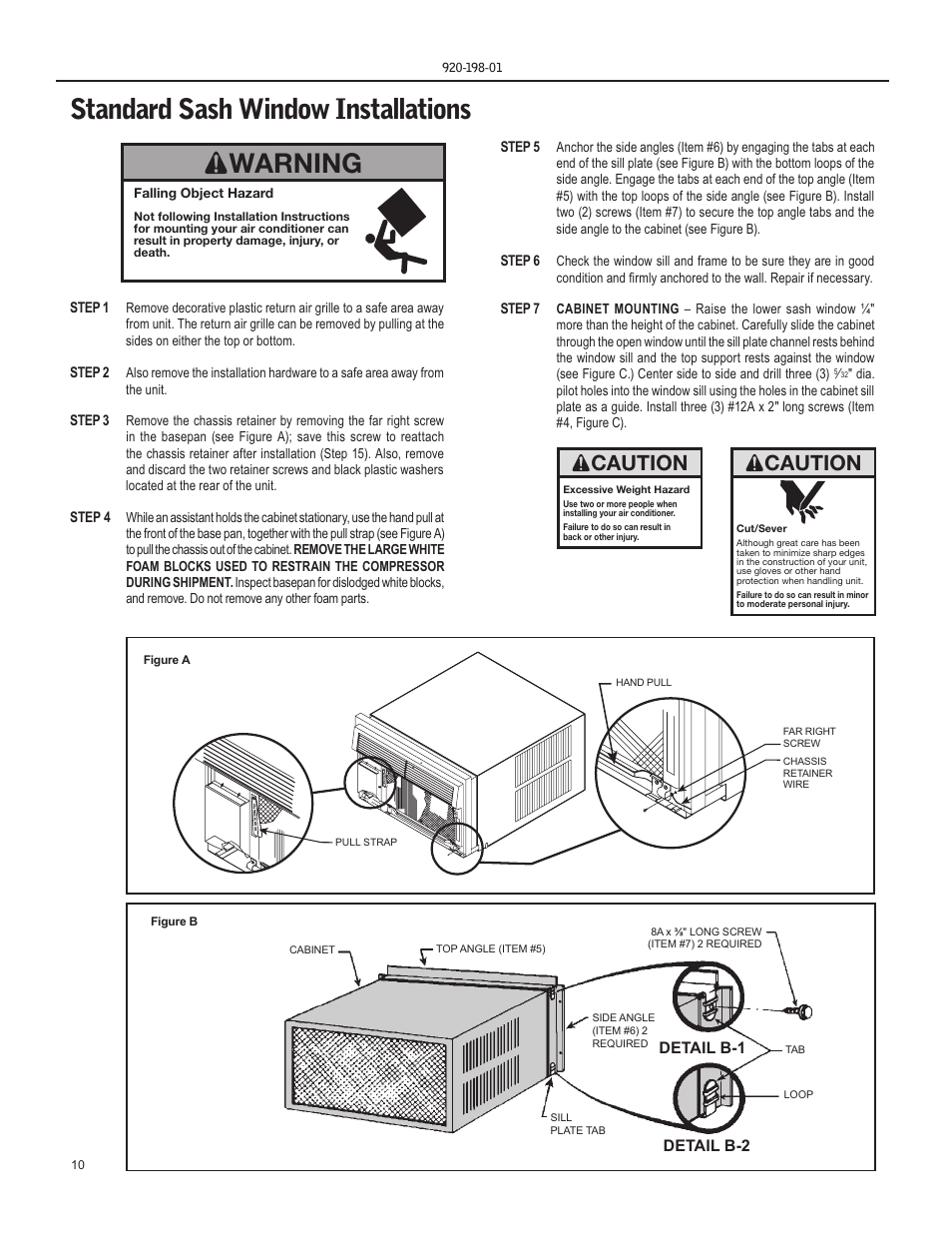 Standard sash window installations, Warning, Caution | Friedrich YS13 User Manual | Page 10 / 56