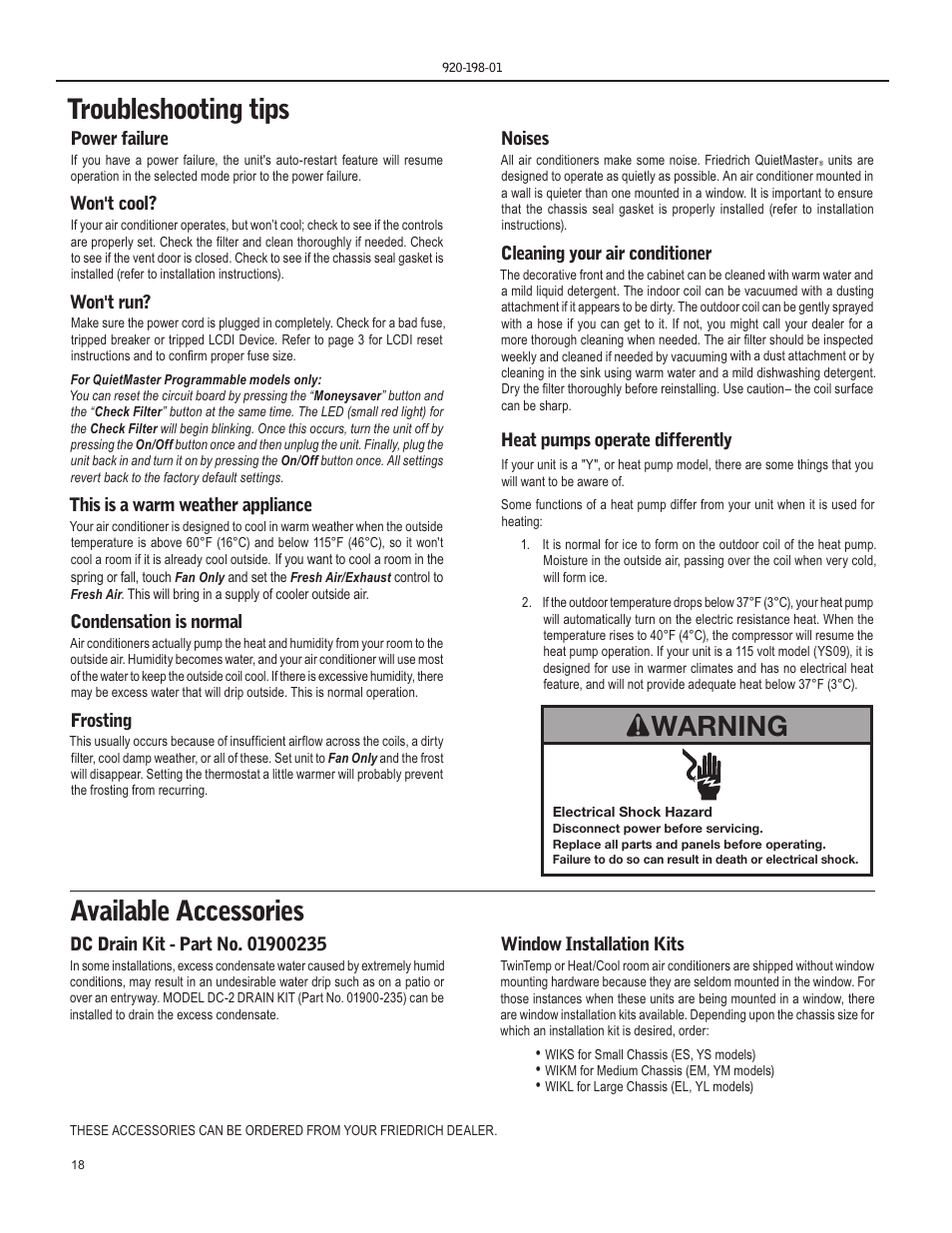 Troubleshooting tips, Available accessories, Warning | Power failure, Won't cool, Won't run, This is a warm weather appliance, Condensation is normal, Frosting, Noises | Friedrich YS13 User Manual | Page 18 / 56