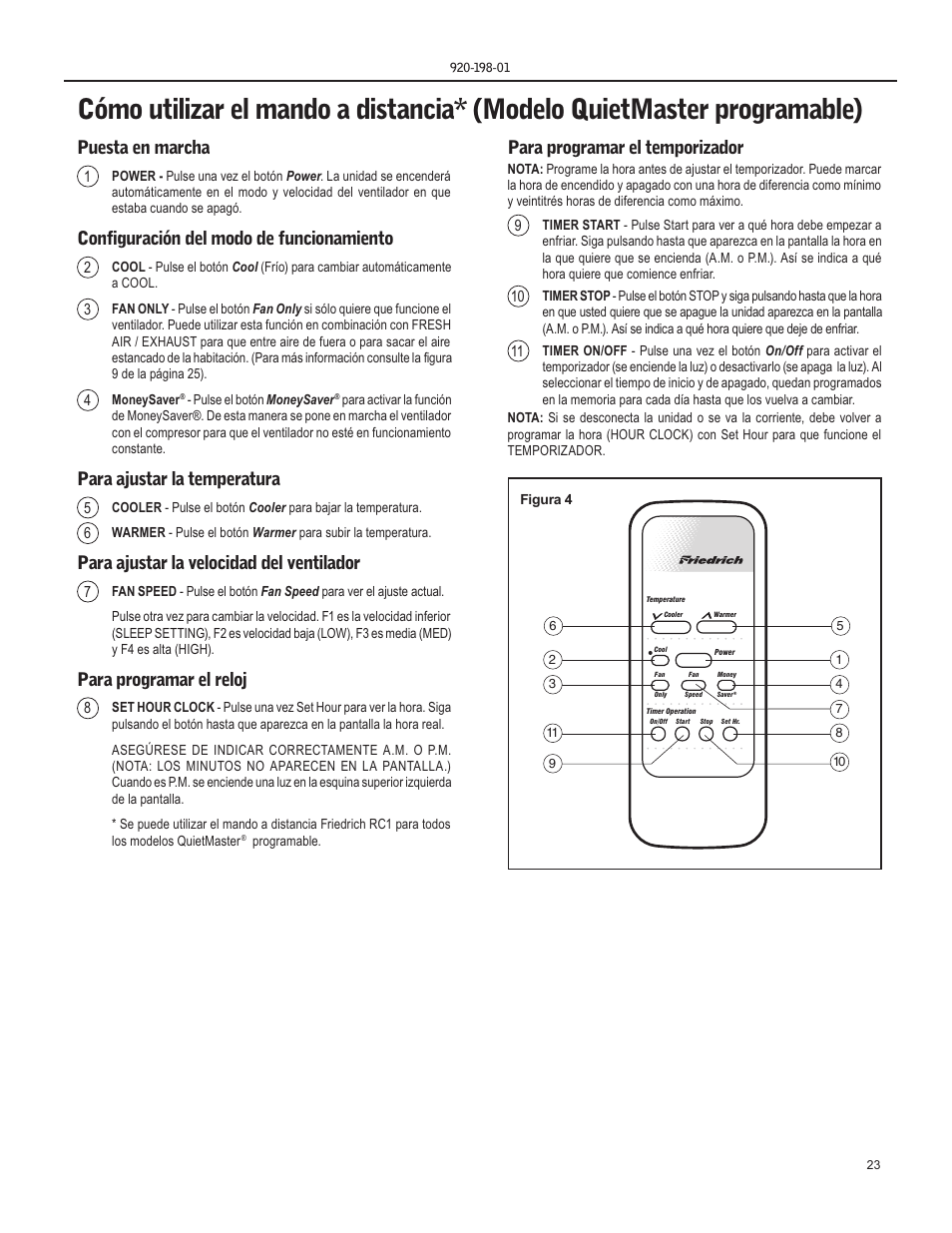 Puesta en marcha, Configuración del modo de funcionamiento, Para ajustar la temperatura | Para ajustar la velocidad del ventilador, Para programar el reloj, Para programar el temporizador | Friedrich YS13 User Manual | Page 23 / 56