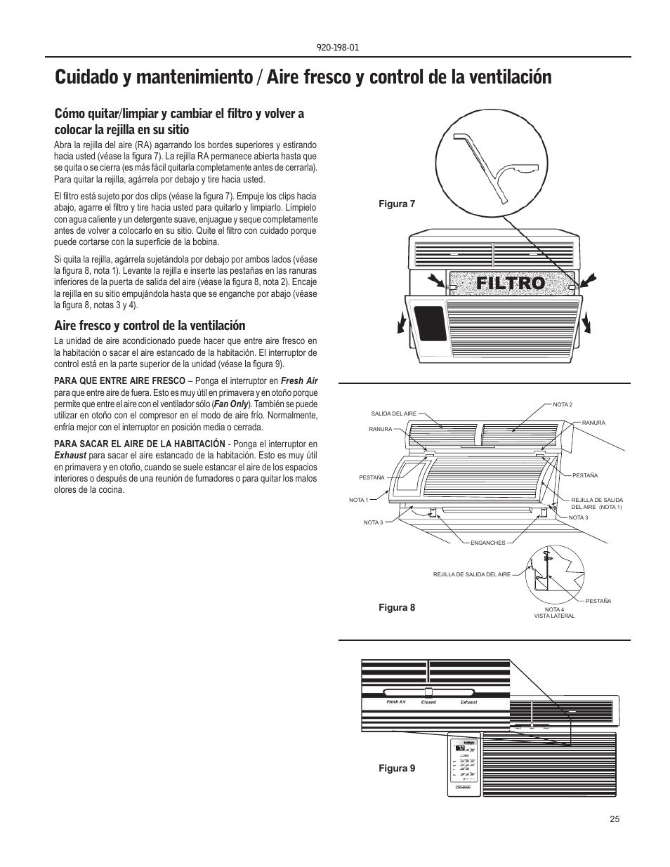 Filtro, Aire fresco y control de la ventilación | Friedrich YS13 User Manual | Page 25 / 56