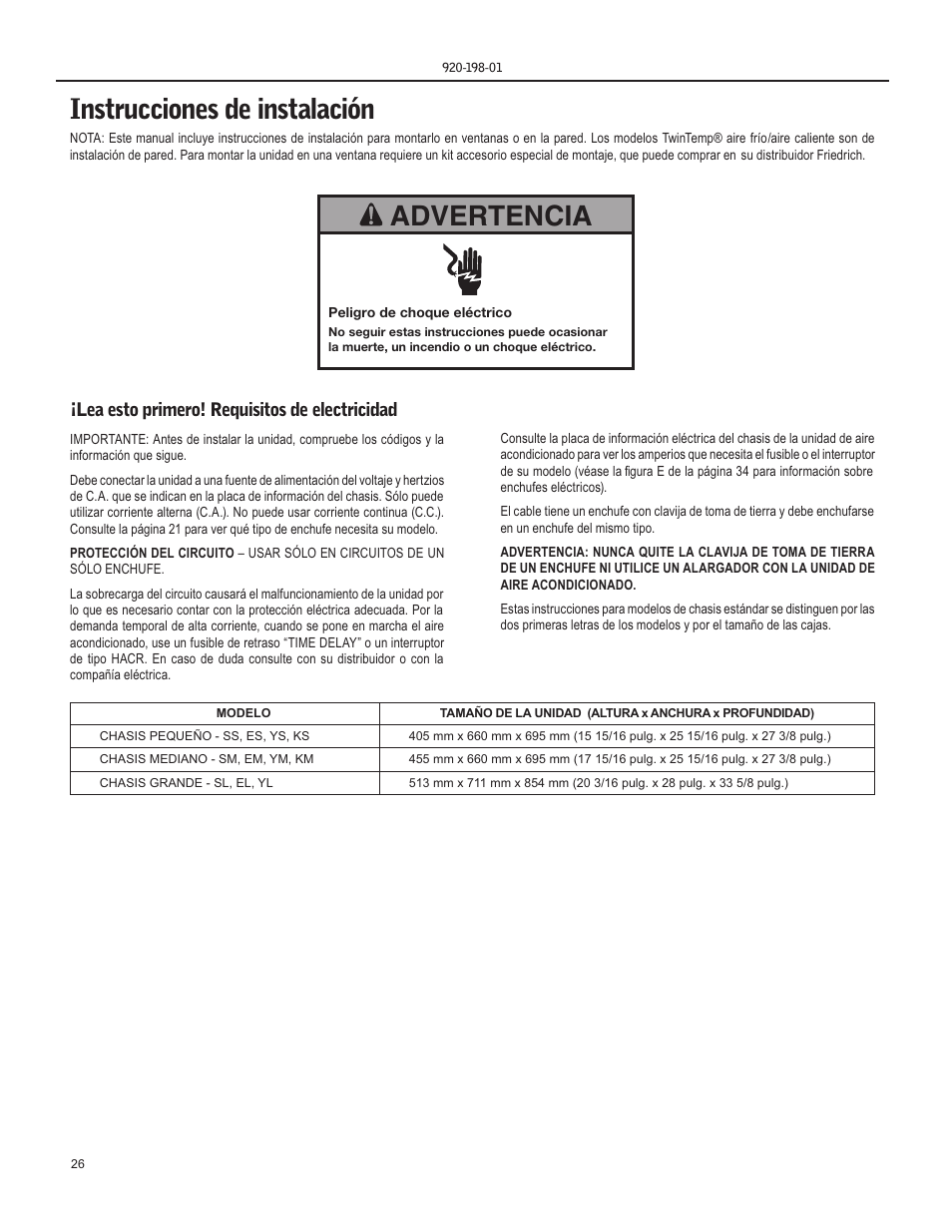 Instrucciones de instalación, Advertencia, Lea esto primero! requisitos de electricidad | Friedrich YS13 User Manual | Page 26 / 56