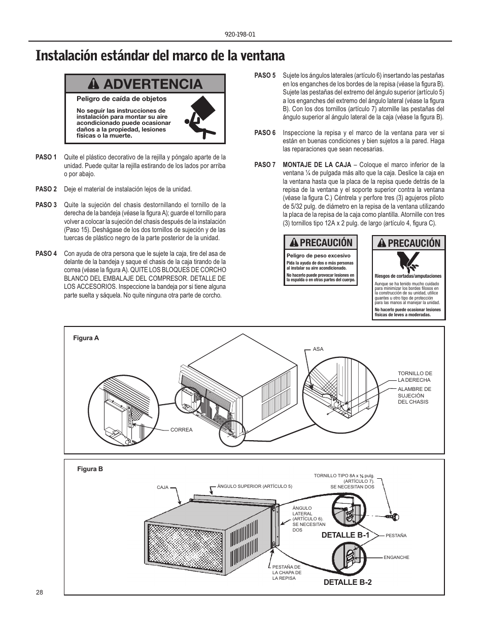Instalación estándar del marco de la ventana, Advertencia, Precaución | Friedrich YS13 User Manual | Page 28 / 56