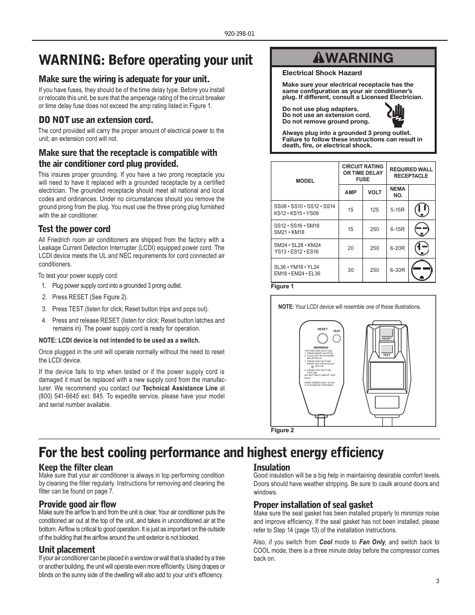 Warning, Keep the filter clean, Provide good air flow | Unit placement, Insulation, Proper installation of seal gasket, Make sure the wiring is adequate for your unit, Do not use an extension cord, Test the power cord | Friedrich YS13 User Manual | Page 3 / 56