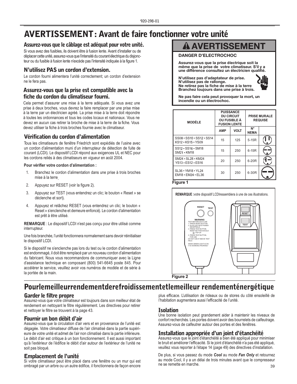 Avertissement, Vérification du cordon d’alimentation, Garder le filtre propre | Fournir un bon débit d’air, Emplacement de l’unité, Isolation, Installation appropriée d’un joint d’étanchéité, N’utilisez pas un cordon d’extension | Friedrich YS13 User Manual | Page 39 / 56