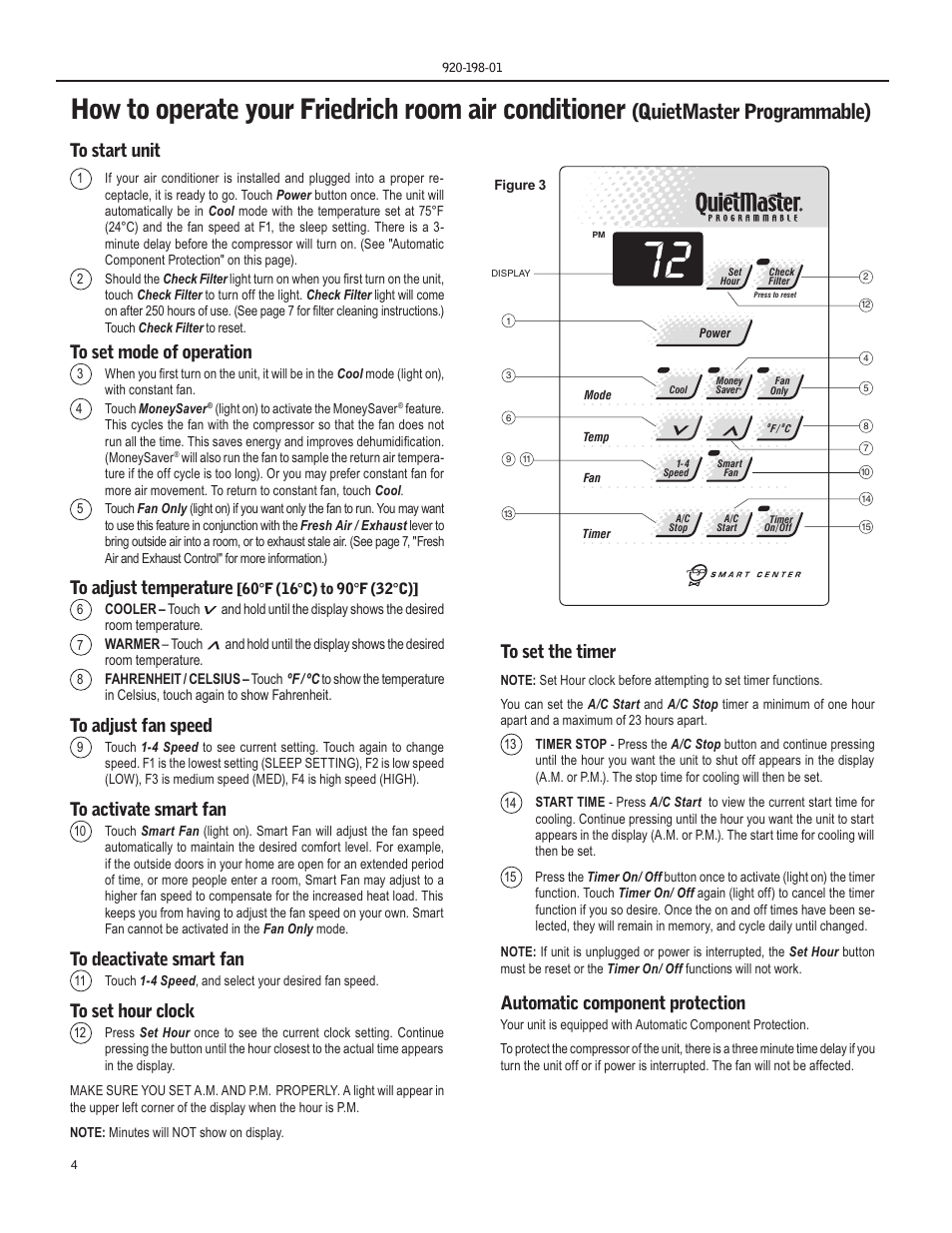How to operate your friedrich room air conditioner, Quietmaster programmable), Automatic component protection | Friedrich YS13 User Manual | Page 4 / 56