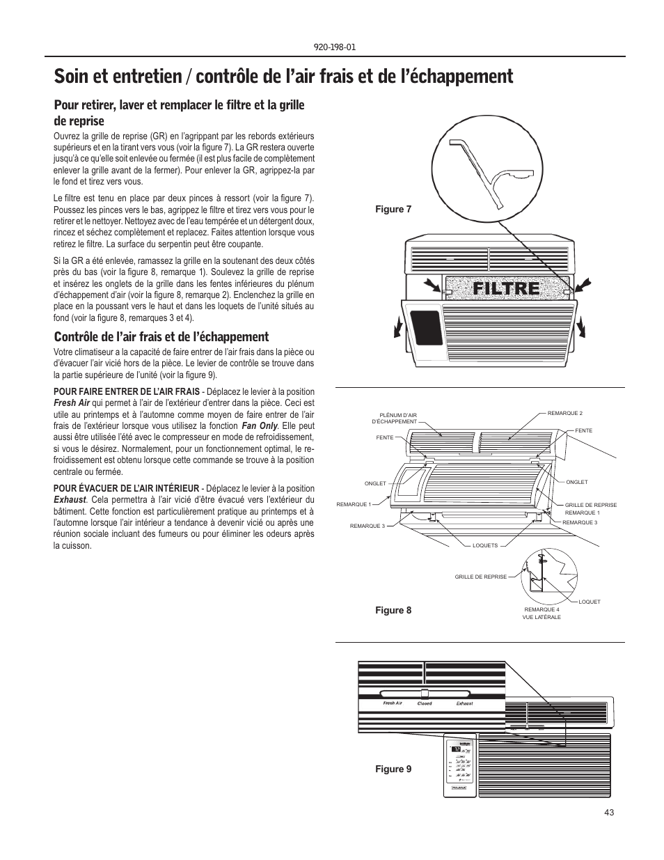 Filtre, Contrôle de l’air frais et de l’échappement | Friedrich YS13 User Manual | Page 43 / 56