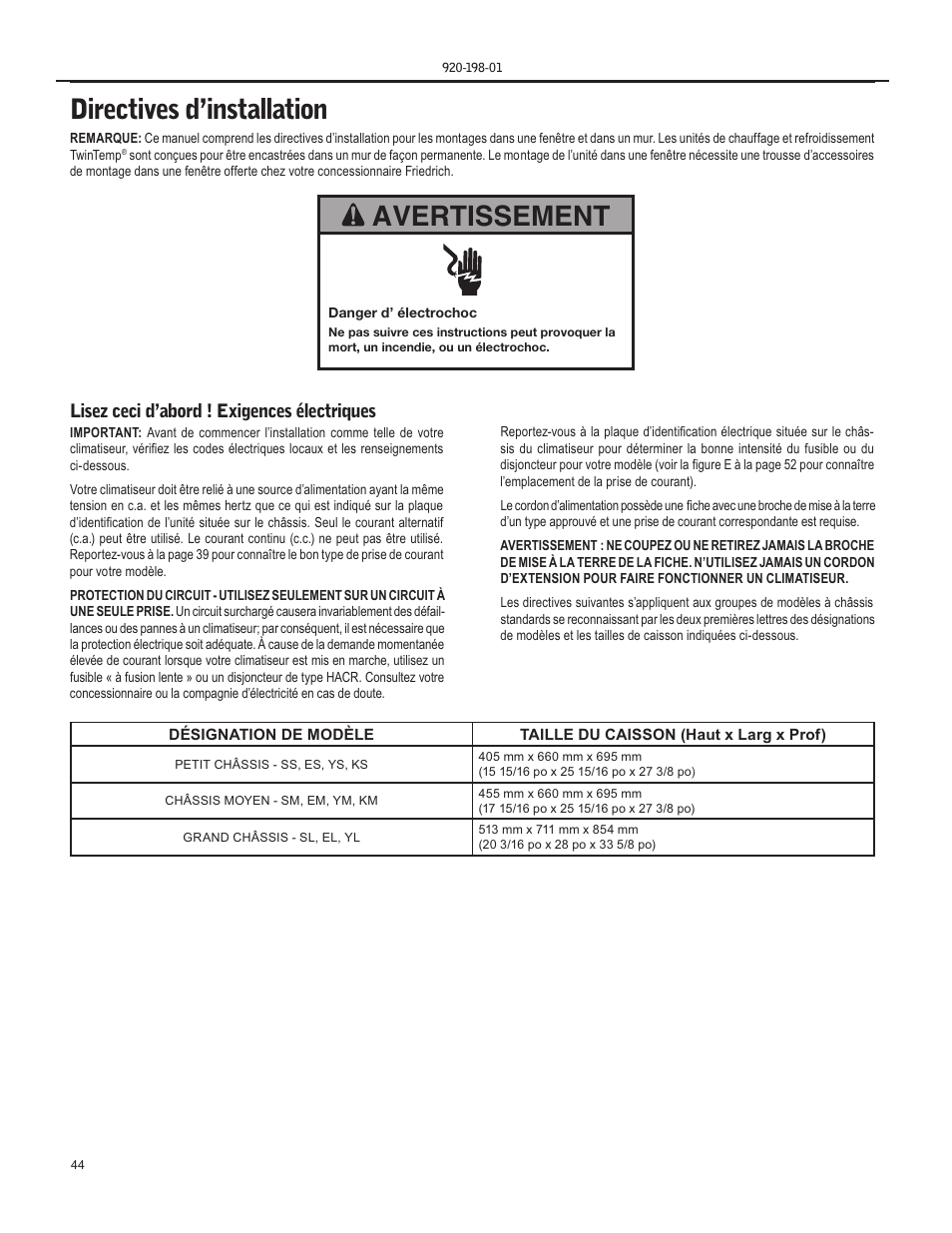 Directives d’installation, Avertissement, Lisez ceci d’abord ! exigences électriques | Friedrich YS13 User Manual | Page 44 / 56