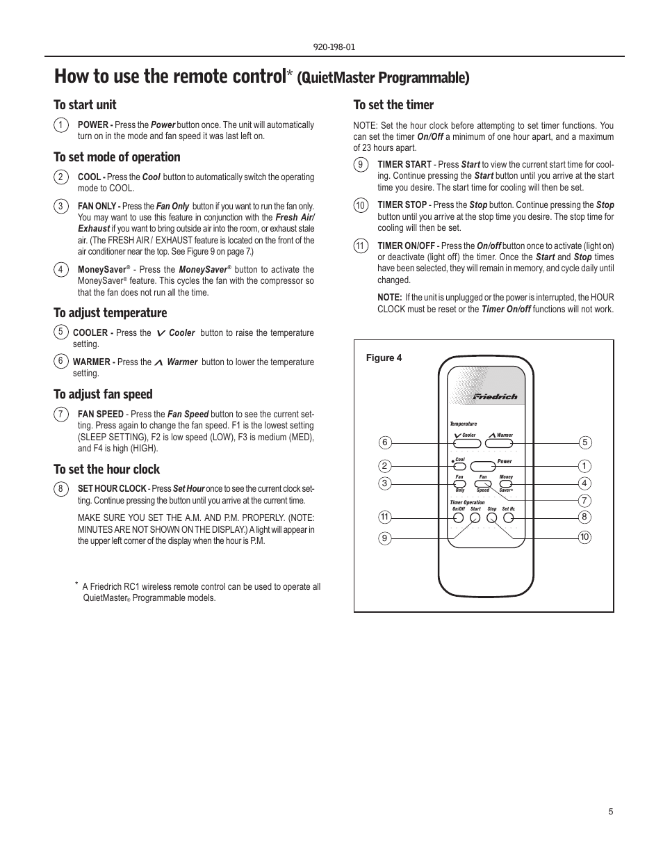 How to use the remote control, Quietmaster programmable) | Friedrich YS13 User Manual | Page 5 / 56