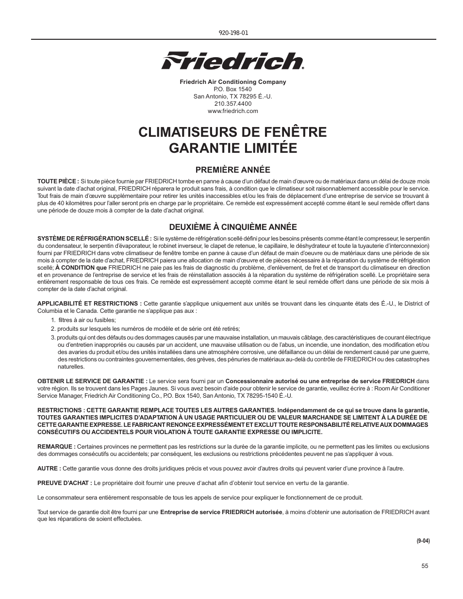 Climatiseurs de fenêtre garantie limitée | Friedrich YS13 User Manual | Page 55 / 56