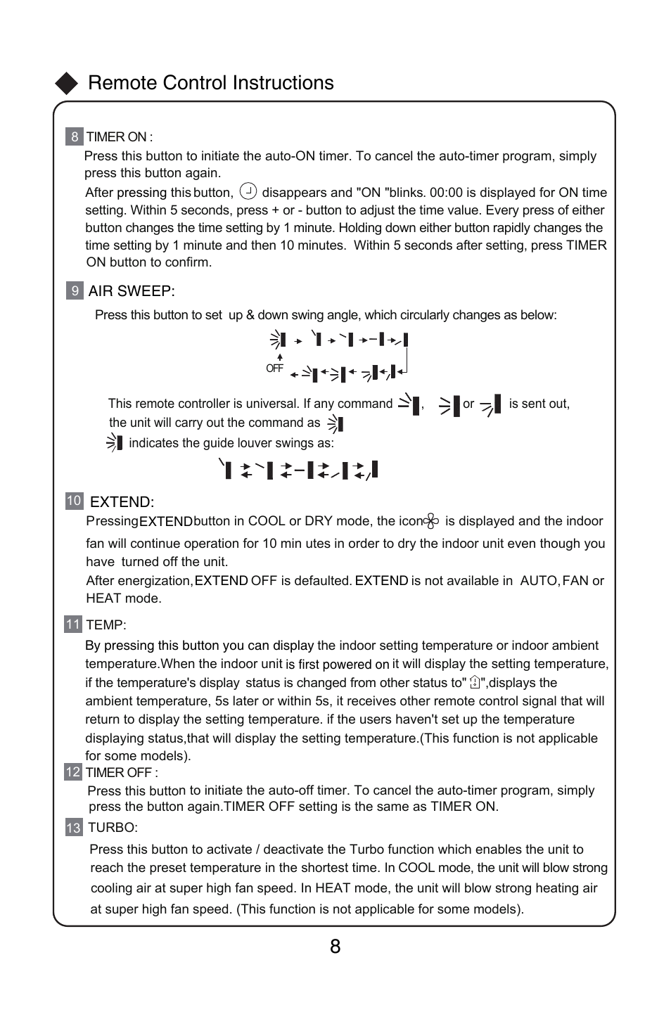 Remote control instructions | Friedrich MW12C1H User Manual | Page 12 / 28