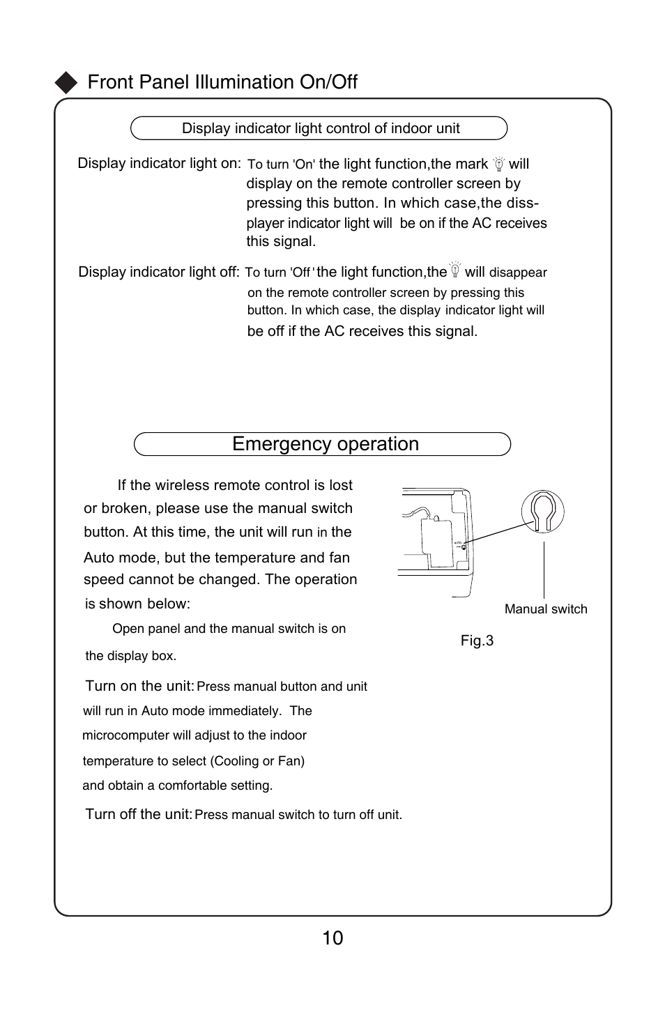 Emergency operation, Front panel illumination on/off | Friedrich MW12C1H User Manual | Page 14 / 28